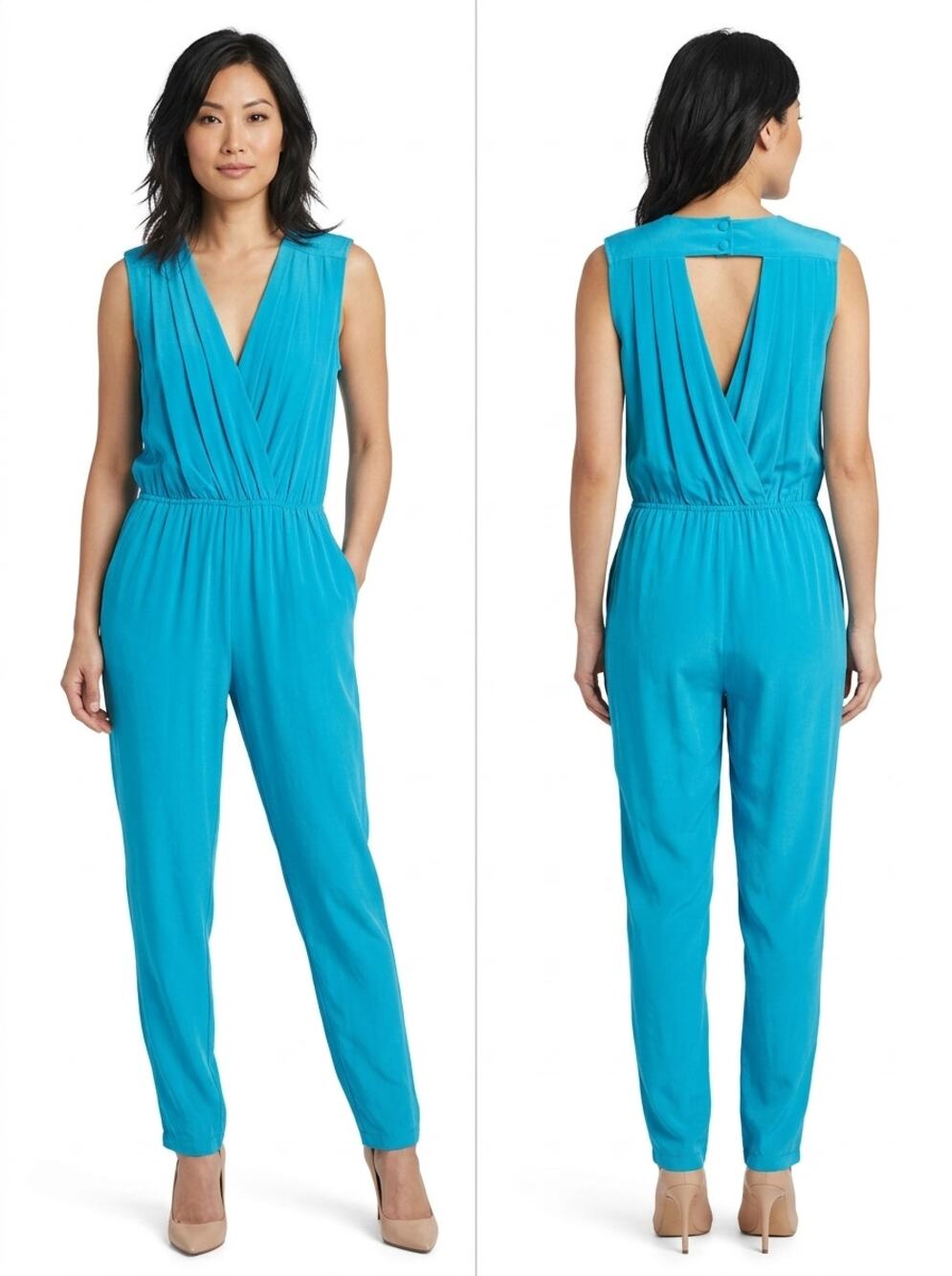NWT bebe 100% Silk Blue Wrap Jumpsuit Women Size S